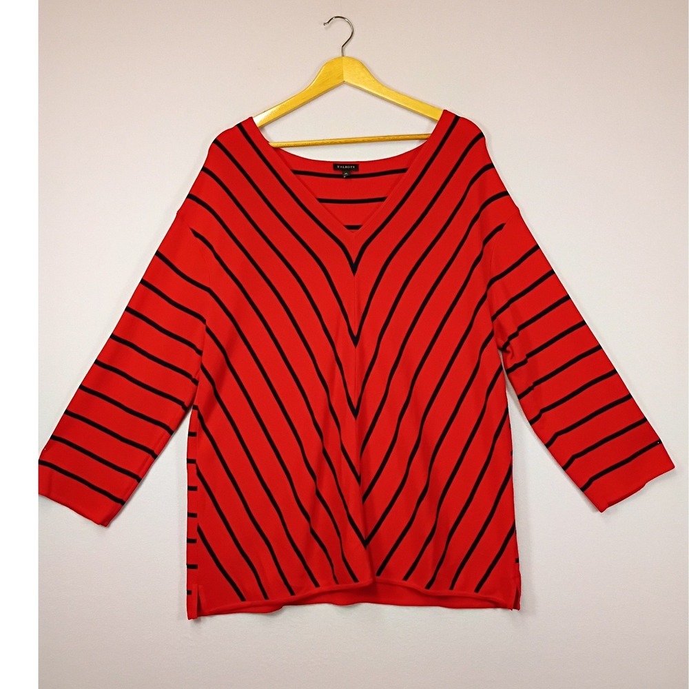 Preppy Talbots Women XL Red Navy Blue Striped V-Neck 3/4 Sleeve Sweater